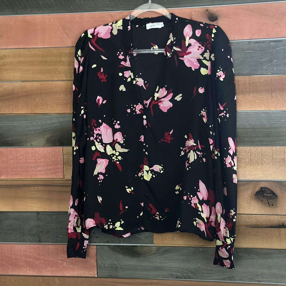 A.L.C. Rivera silk floral blouse in black and pink. - Picture 6 of 9